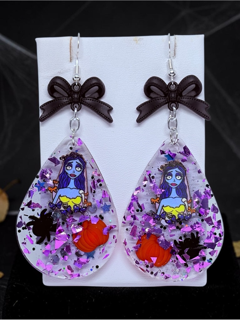 Handmade Purple Glitter Halloween Bow Drop Earrings with Pumpkin